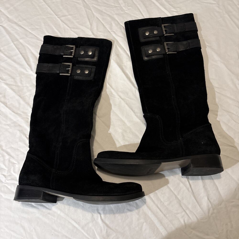 NINE WEST Tumble Women’s 6.5M Black Suede/Leather Uppers Riding Boots W/ Buckles